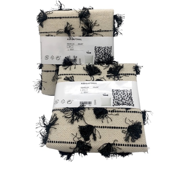 IKEA NWT ASPSAFTMAL Pillow Cushion Cover 20x20" Black Natural Fringe Decorative - Picture 1 of 6